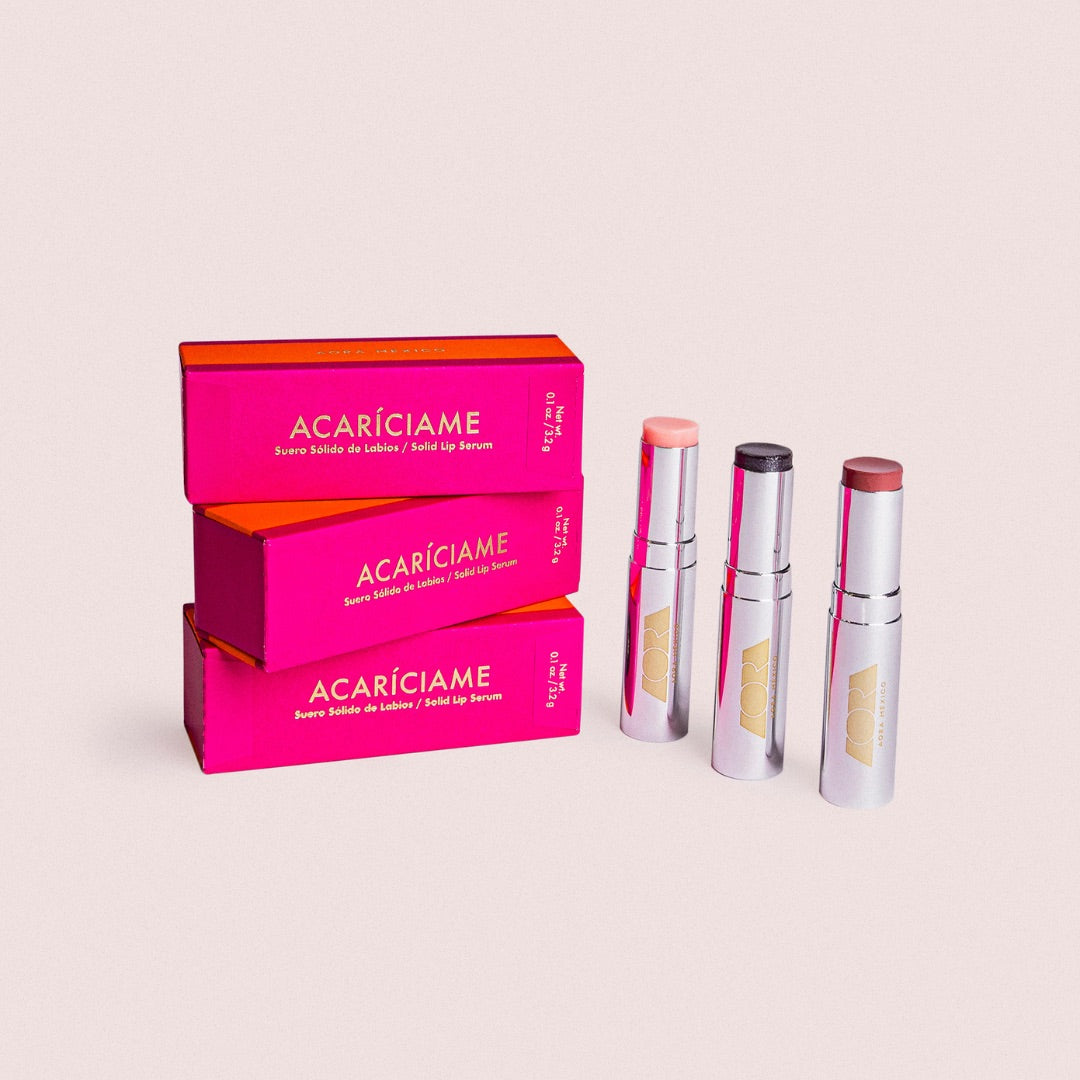 Bésame Mucho classic set. AORA’s ACARÍCIAME solid lip serum kit in 3 colors with packaging