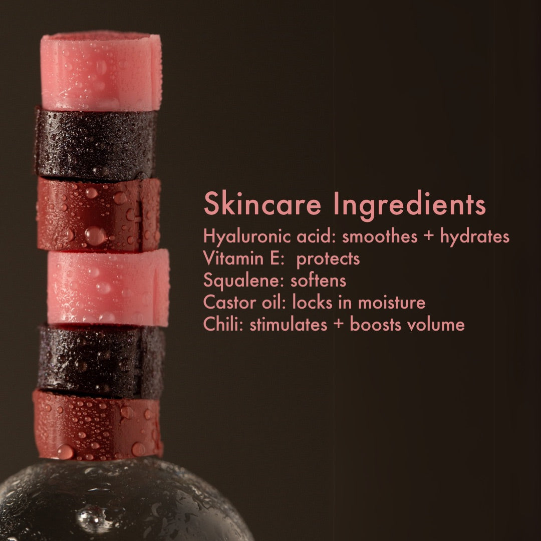 AORA ACARÍCIAME Lip Serum skincare ingredients: hyaluronic acid, vitamin E, squalene, castor oil, chili