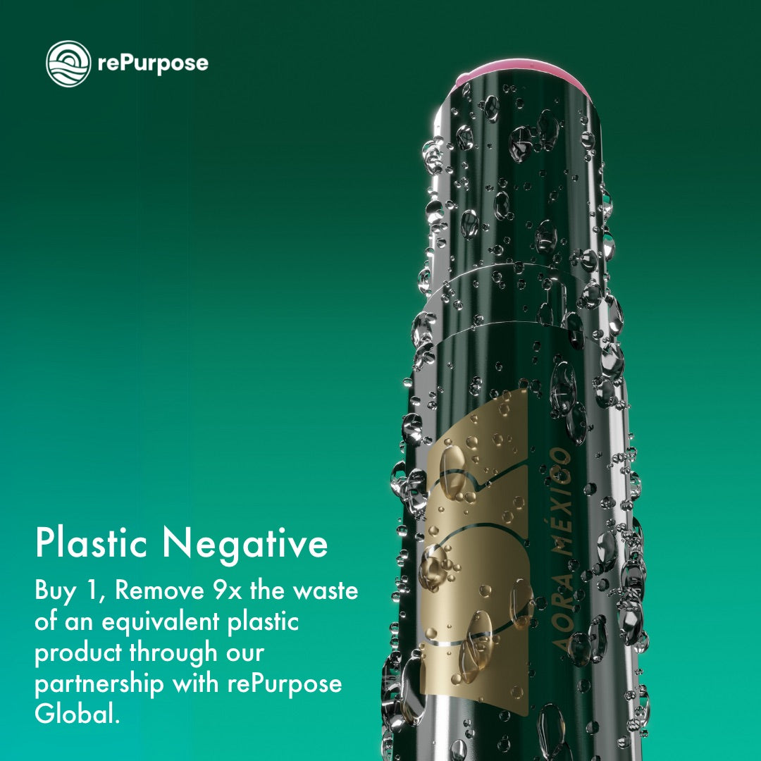 rePurpose plastic negative makeup, AORA MEXICO's ACARÍCIAME LIP SERUM. Buy 1, remove 9x the waste of an equivalent plastic product through our partnership wih rePurpose Global.