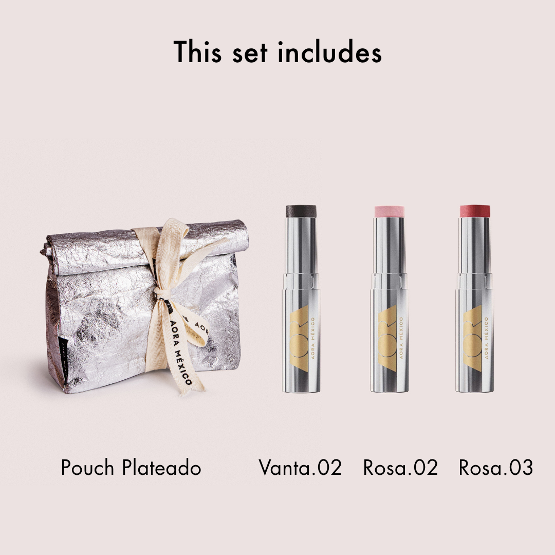  Bésame Mucho classic set. AORA’s ACARÍCIAME solid lip serum kit: 3 colors + silver pouch